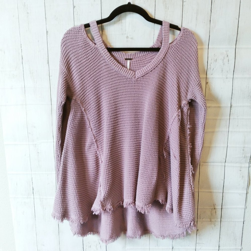 Free People Sweater Moonshine Cold Shoulder Waffle Knit Fringe Boho OS Small